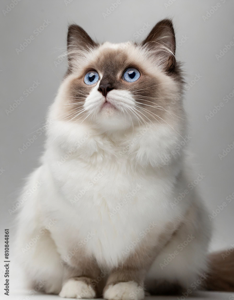 Cute Ragdoll cat sitting in front and looking up isolated on white background, studio shot Cute Ragdoll cat sitting in front and looking up isolated on white background, studio shot