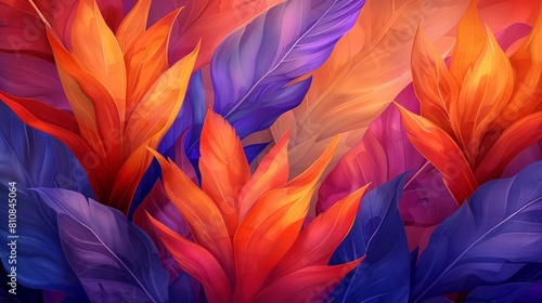 Bird of Paradise Blooms wallpaper depicts exotic flowers in orange and blue hues, resembling tropical birds. Their vibrancy evokes distant shores and balmy breezes. © BlockAI