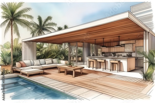 Sleek architectural draft for a tropical outdoor dining area  integrating modern design with natural elements for a stylish home.