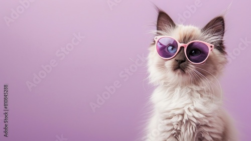 A fluffy ragdoll kitten, donning stylish sunglasses, sits on the right side of a soft lavender background, with ample room on the left for text, ideal for promoting pet adoption campaigns.