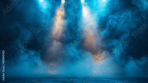 spotlights on a stage with blue and yellow smoke in the air