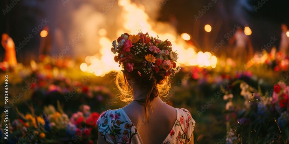 Obraz premium Woman with floral wreath at summer festival with bonfire. Summer Solstice Day, Midsummer, Litha, Ivan Kupala celebration. Slavic pagan holiday. Wiccan ritual, witchcore aesthetics