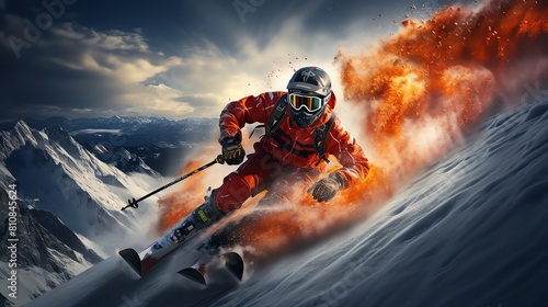 Downhill skier in action, snow spraying, mountainous backdrop, high speed, thrilling descent photo