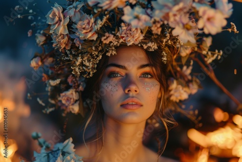 Woman with floral wreath near bonfire at night. Summer Solstice Day, Midsummer, Litha, Ivan Kupala celebration. Slavic pagan holiday. Wiccan ritual, witchcore aesthetics. Close-up portrait