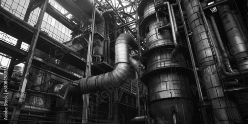 A striking black and white photo of a large industrial building. Perfect for architectural design projects