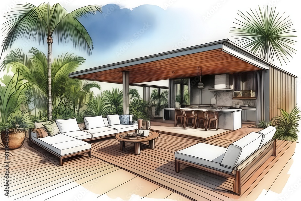 Fototapeta premium Sleek architectural draft for a tropical outdoor dining area, integrating modern design with natural elements for a stylish home.
