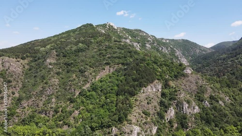 Aerial Spring view of Rhodope Mountains near town of Asenovgrad, Plovdiv Region, Bulgaria photo