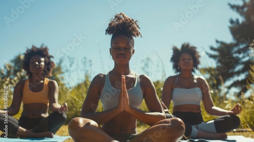 Black African American friends meditating and practicing yoga fitness exercise outdoors on a sunny summer day