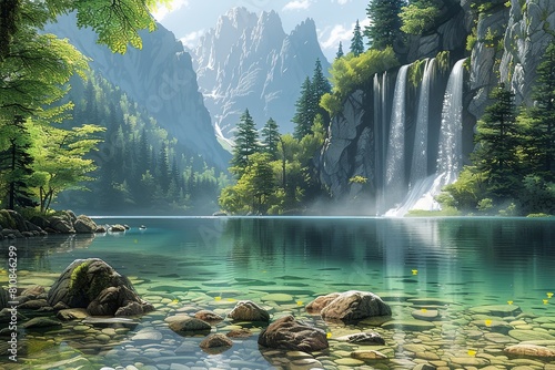 Watercolor Tranquility: Lush Foliage and Crystal Clear Lake in a Forest Scene