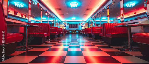 Classic diner with bright neon lights, vintage decor, and a checkered black and white floor. © Szalai
