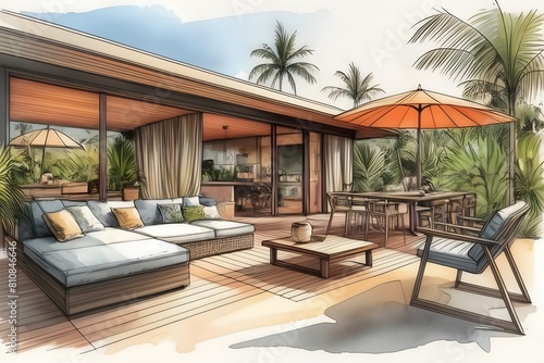 Sleek architectural draft for a tropical outdoor dining area  integrating modern design with natural elements for a stylish home.