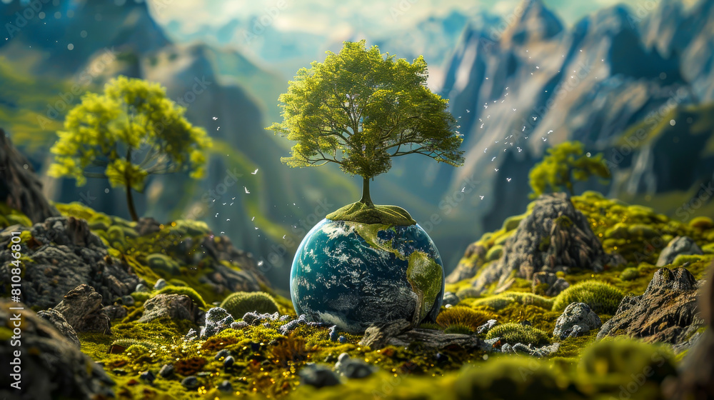 A tree is planted on top of a globe in a mountainous landscape A tree is planted on top of a globe in a mountainous landscape