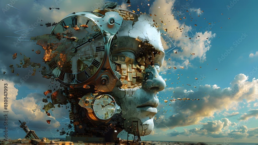 A masked figure under a swirling blue sky, gazing out at a fantastical planet A masked figure under a swirling blue sky, gazing out at a fantastical planet
