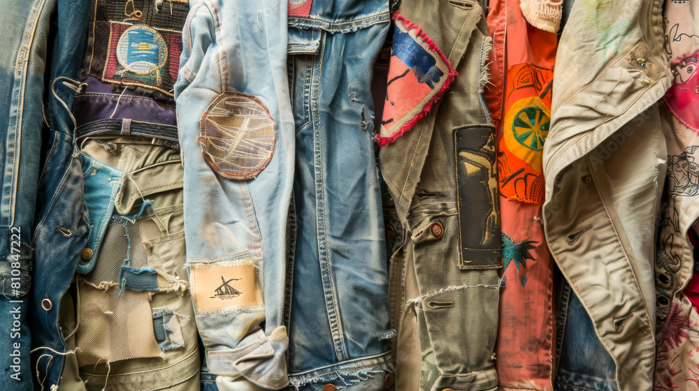 A row of denim jackets with patches and stickers on them
