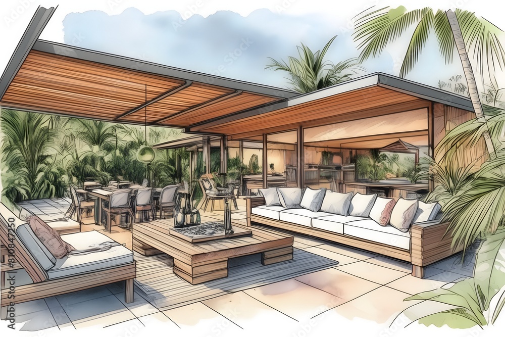 Sleek architectural draft for a tropical outdoor dining area, integrating modern design with natural elements for a stylish home.