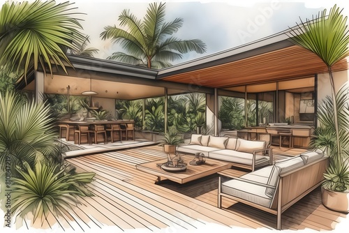 Sleek architectural draft for a tropical outdoor dining area, integrating modern design with natural elements for a stylish home. © OzCam