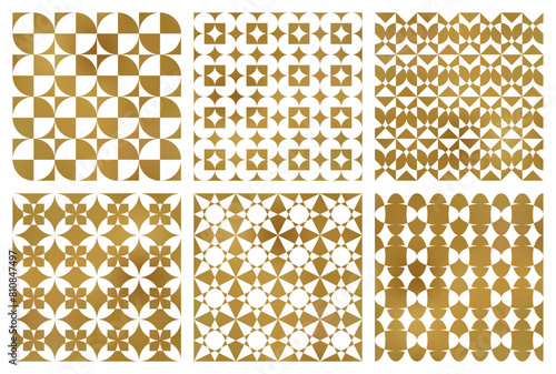 Vector seamless patterns set of different golden fashionable geometric ornaments. Modern patterned tiles design. Samples of trending print on textile.