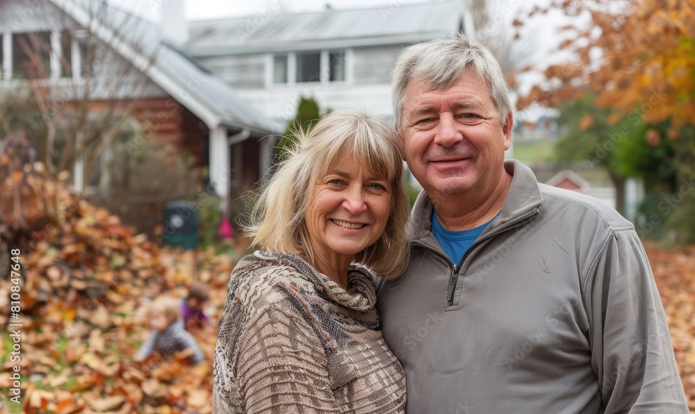 An affectionate elderly couple stands smiling with a home and autumn leaves in the background