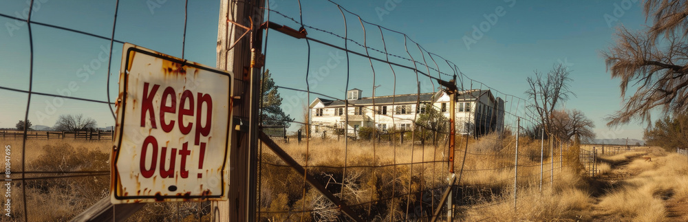 Obraz premium An eerie setting with an abandoned house, dead trees, and a vivid 'Keep Out' sign