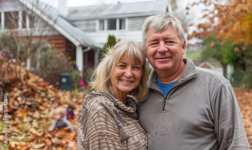 An affectionate elderly couple stands smiling with a home and autumn leaves in the background