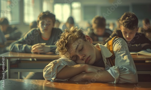 A student is seen sleeping at a desk with classmates around, in an educational setting photo