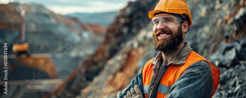 A rugged miner with a beard grins confidently in front of heavy-duty mining machinery photo