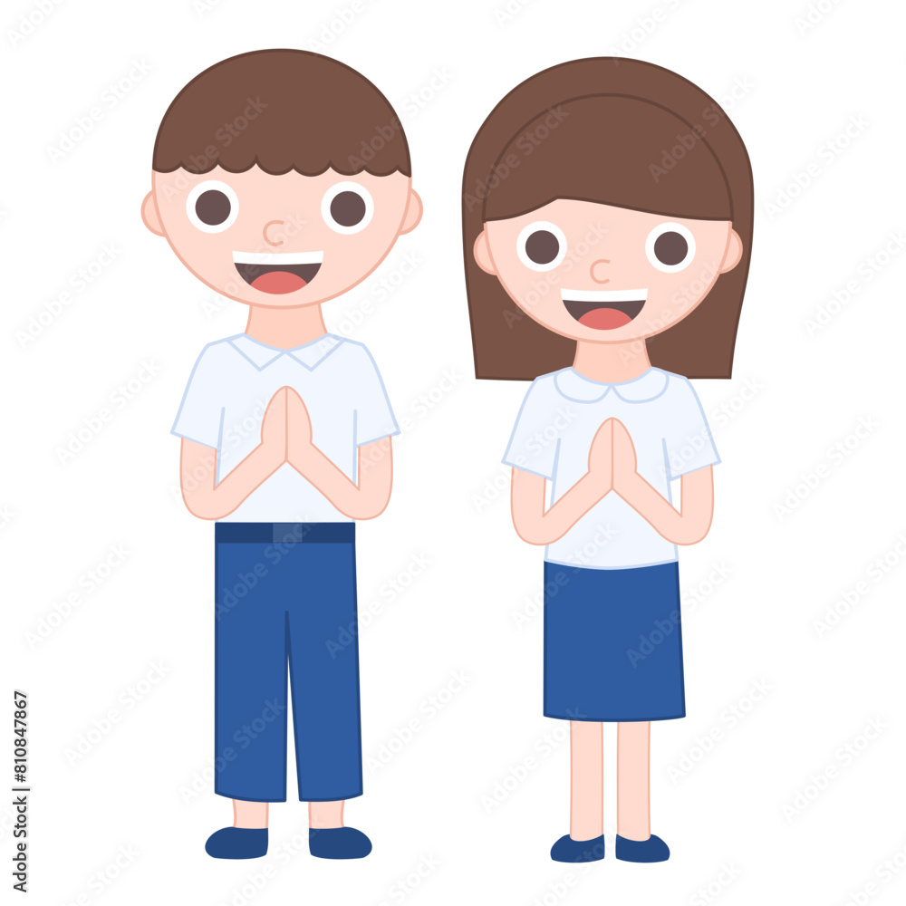 Thai student boy and girl in uniform.Back to school.Namaste character pose.Gesture thank you or greeting.Traditional thai Wai.Thailand sawatdee.Graphic.Flat design.Cartoon vector illustration.