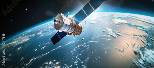 telecom communication satellite orbiting around the globe earth with futuristic technology datum hologram information for online and internet connection and gps space orbit services banner