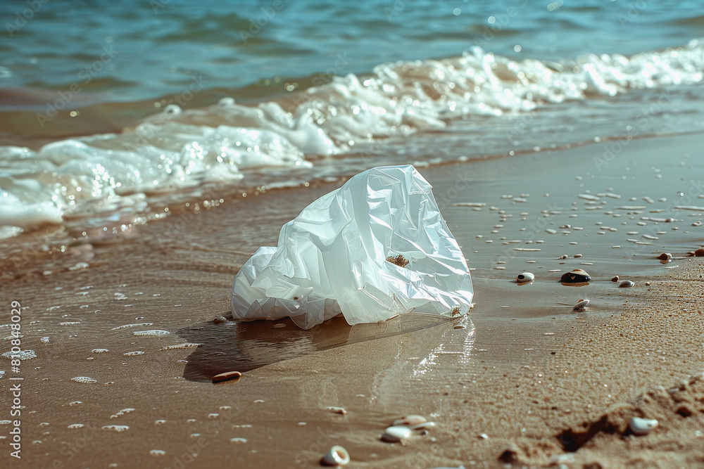 a plastic packaging, in the beach coast, pollution, garbage a plastic packaging, in the beach coast, pollution, garbage