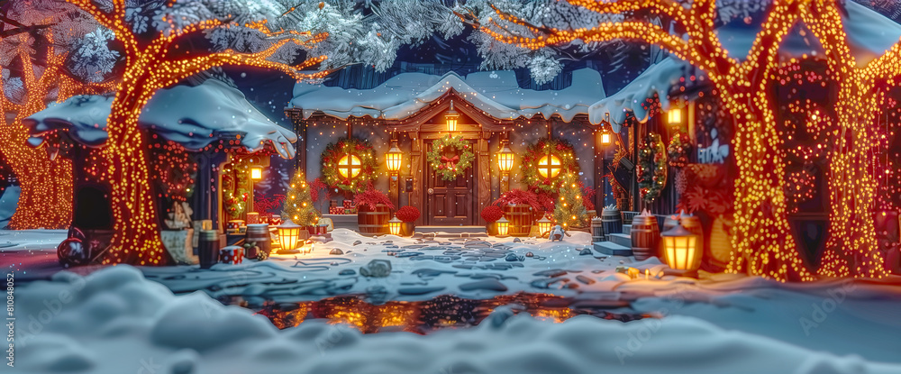 illustration front view home in winter season christmas decorate , have space for idea