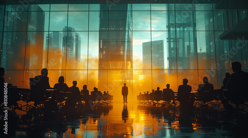 Silhouetted figures in a meeting with a double exposure of innovative solutions, highlighting the solve industry challenges.