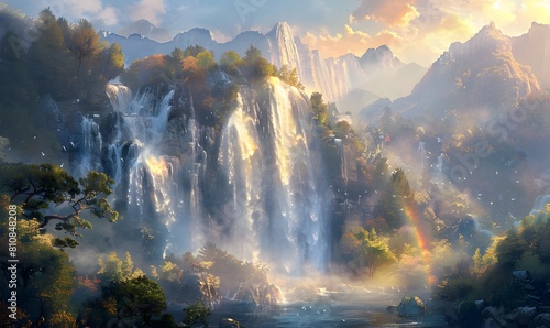beauty of cascading waterfalls illuminated by the warm light of the setting sun  with mist rising from the plunging waters and rainbows forming in the spray