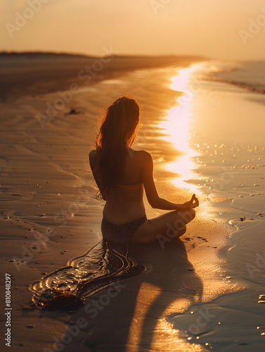 Chica en la playa practicando yoga al amanecer atardecer photo
