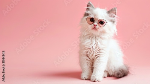 A fluffy white Persian kitten, donning stylish sunglasses, sits on the right side of a blush pink background, with room on the left for text, ideal for promoting pet adoption campaigns.  © muhriZ