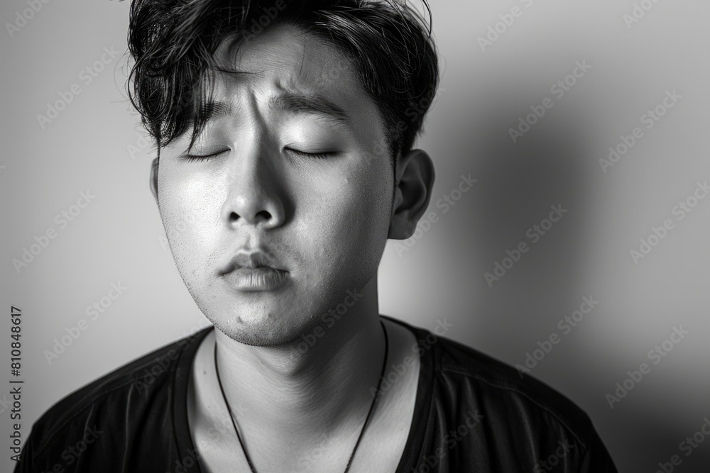 A man with closed eyes captured in black and white. Ideal for meditation or relaxation concepts A man with closed eyes captured in black and white. Ideal for meditation or relaxation concepts