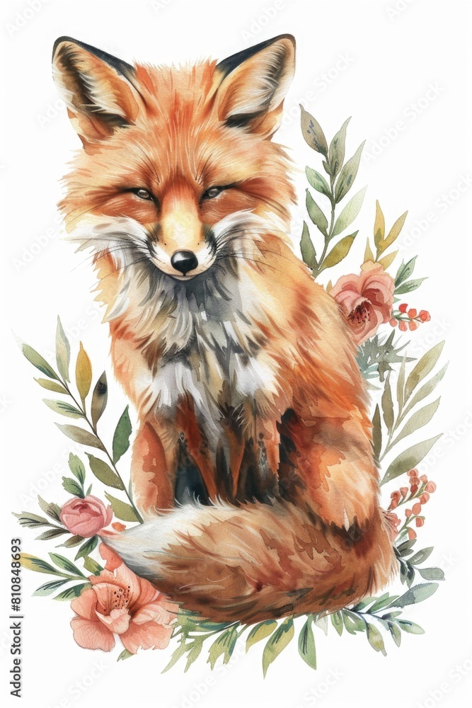 Obraz premium Colorful watercolor painting of a fox surrounded by vibrant flowers. Suitable for nature-themed designs