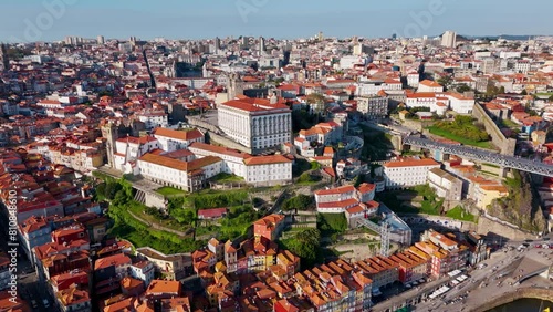 Aerial view of the center of Portuguese town of Porto city and Porto Cathedra in downtown district photo