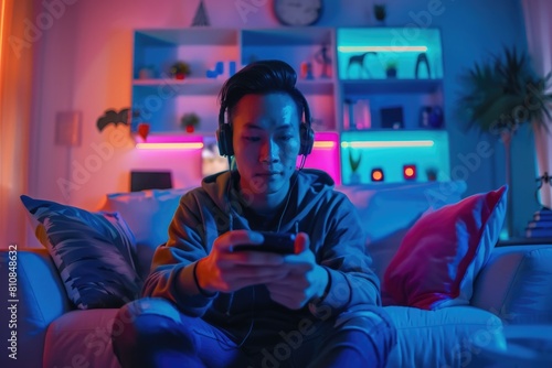 A man sitting on a couch playing a video game. Suitable for gaming or leisure concept