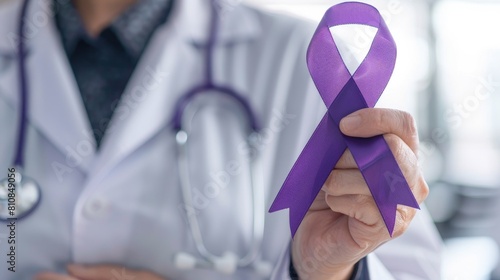 The doctor held a purple awareness ribbon symbolizing support for various causes like Cancer ADD ADHD Alzheimer s Disease Childhood Hemiplegia stroke Epilepsy Chronic Acute Pain and Crohn s photo