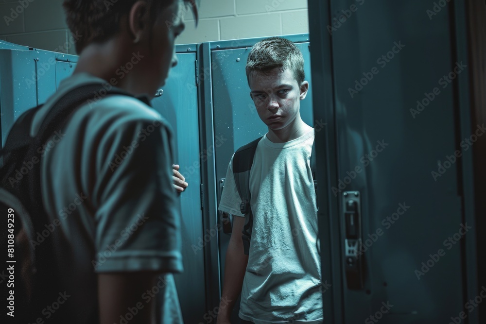 Young man standing in front of a mirror. Suitable for self-reflection concept
