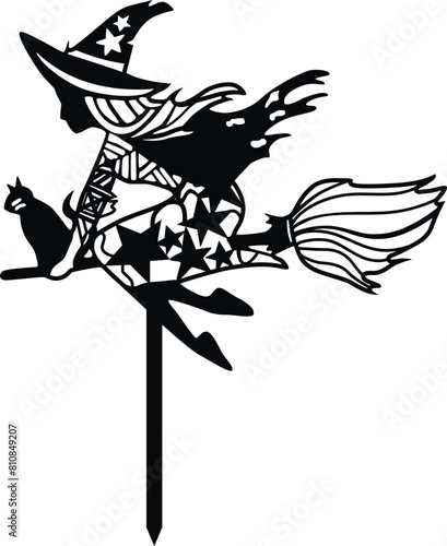 Witch on a broom, black vector silhouette for laser cutting