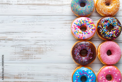 Set of sweet colored donuts on a white wooden background. View from above. place for text. 