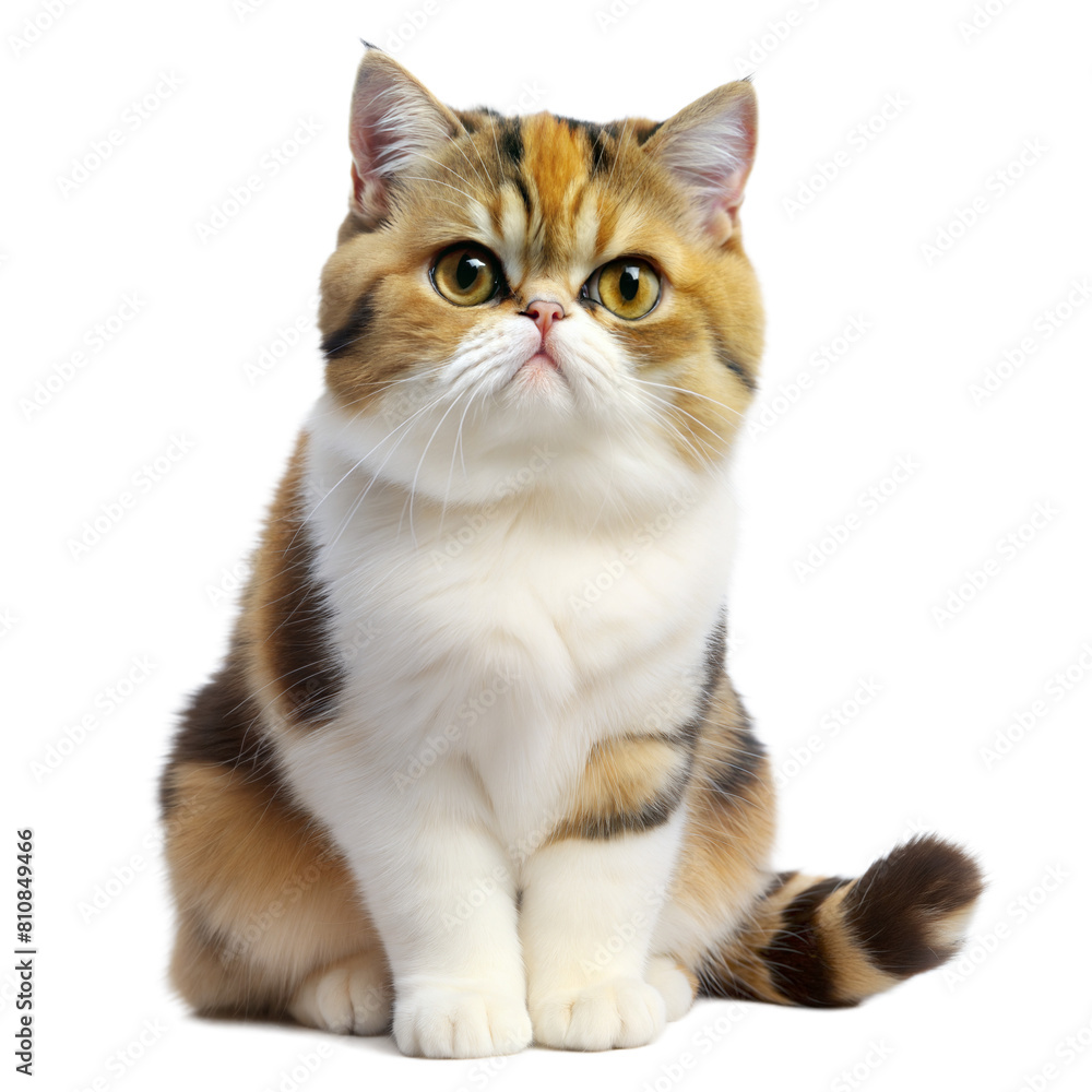 Regal Persian cat with calico coat sits attentively Regal Persian cat with calico coat sits attentively