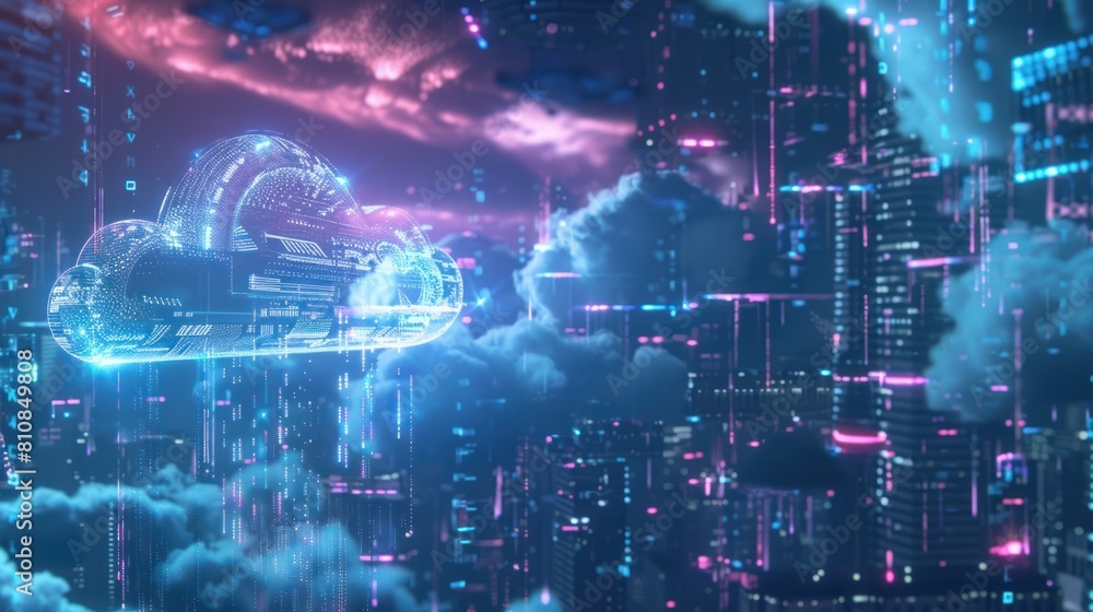 Cloud computing cityscape, smart city.big data exchange storage, future technology futuristic concept.
