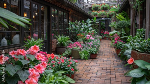 an outdoor garden with pink and red flowers  potted plants