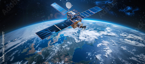 telecom communication satellite orbiting around the globe earth with futuristic technology datum hologram information for online and internet connection and gps space orbit services banner