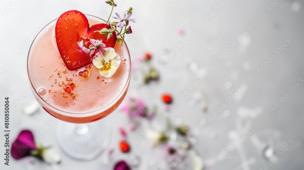 Valentine s Day themed cocktail featuring a garnish of flowers and a red heart on a stylish white backdrop Valentine s Day themed cocktail featuring a garnish of flowers and a red heart on a stylish white backdrop