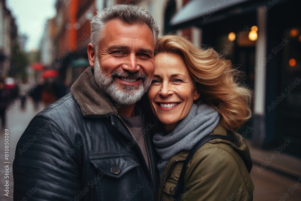 A happy couple smiling and embracing each other in front of a store Fictional Character Created By Generative AI. A happy couple smiling and embracing each other in front of a store Fictional Character Created By Generative AI.