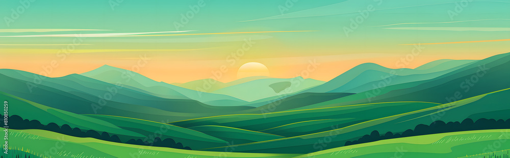 illustration of a green grassland with mountain