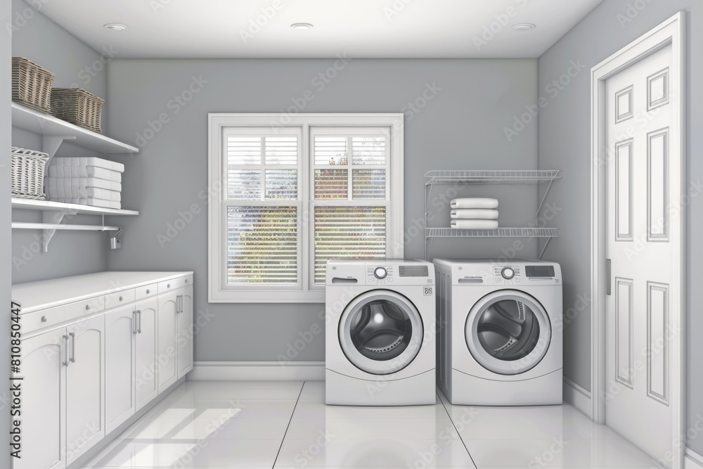 A white laundry room with a washer and dryer, suitable for household and cleaning concepts A white laundry room with a washer and dryer, suitable for household and cleaning concepts